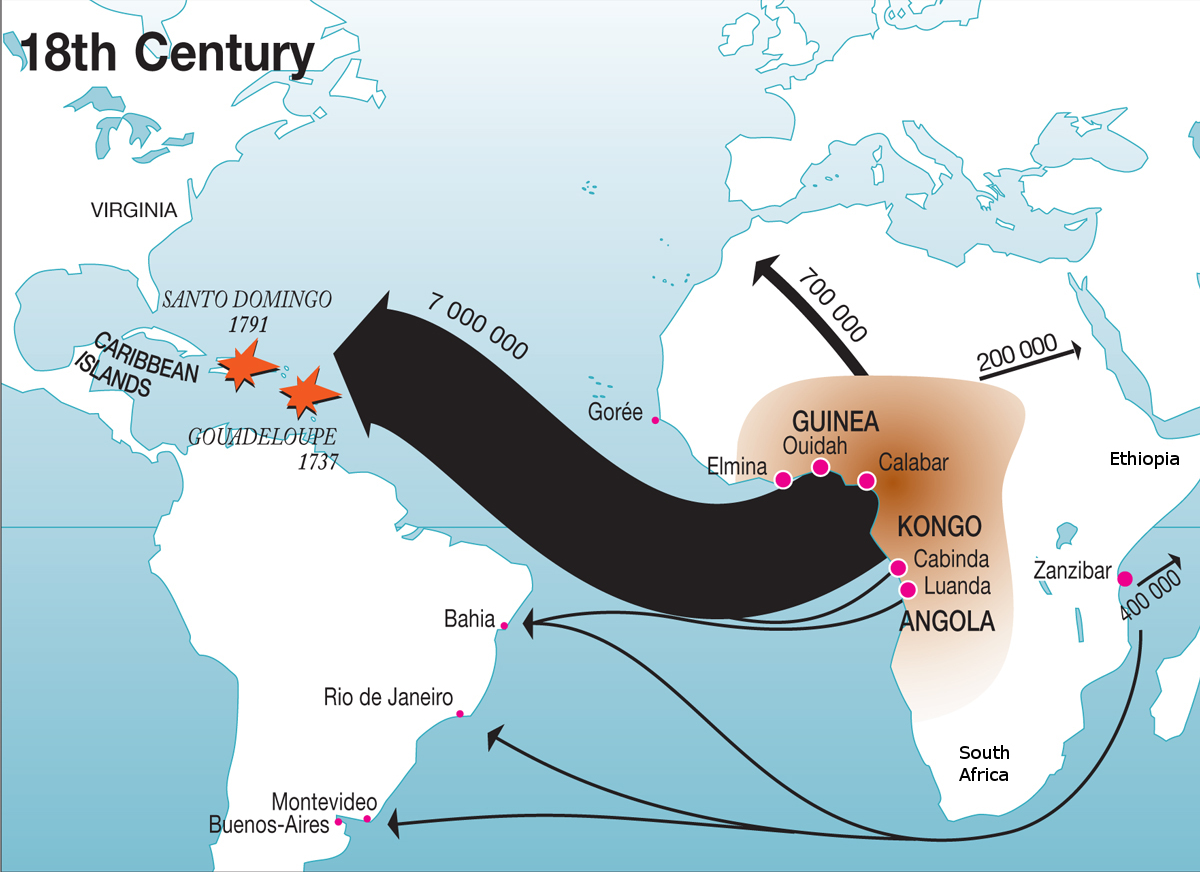 Map of enslaved peoples' routes to the New World in the 1700s