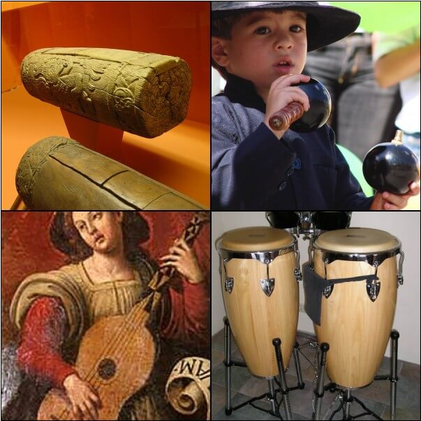 The musical instruments of the Caribbean: Slit Drum; Maracas; Vihuela Bass; Congas